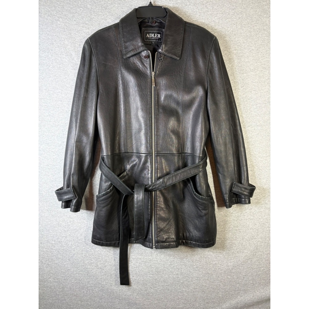 Adler Collection Black Leather Jacket Genuine Lambskin Belted Zip Front Large